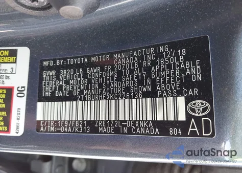 2019 Toyota Corolla Le z USA, uszkodzony, nr VIN 2T1BURHEXKC226136